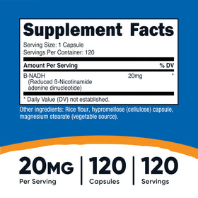 Nutricost Complément NADH 20mg 120 Capsules, étiquette détaillée