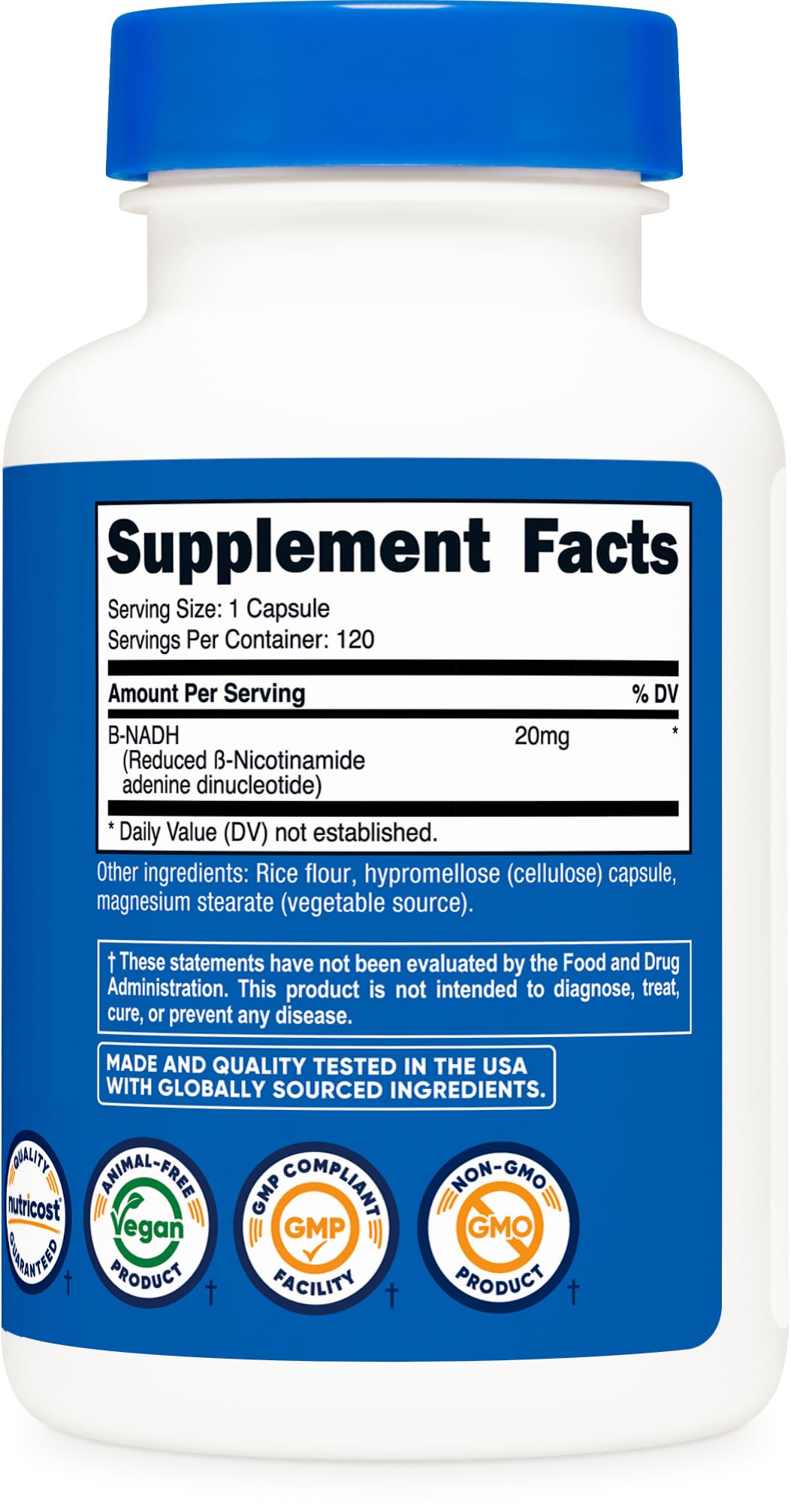 Nutricost Complément NADH 20mg 120 Capsules, flacon ouvert avec capsules