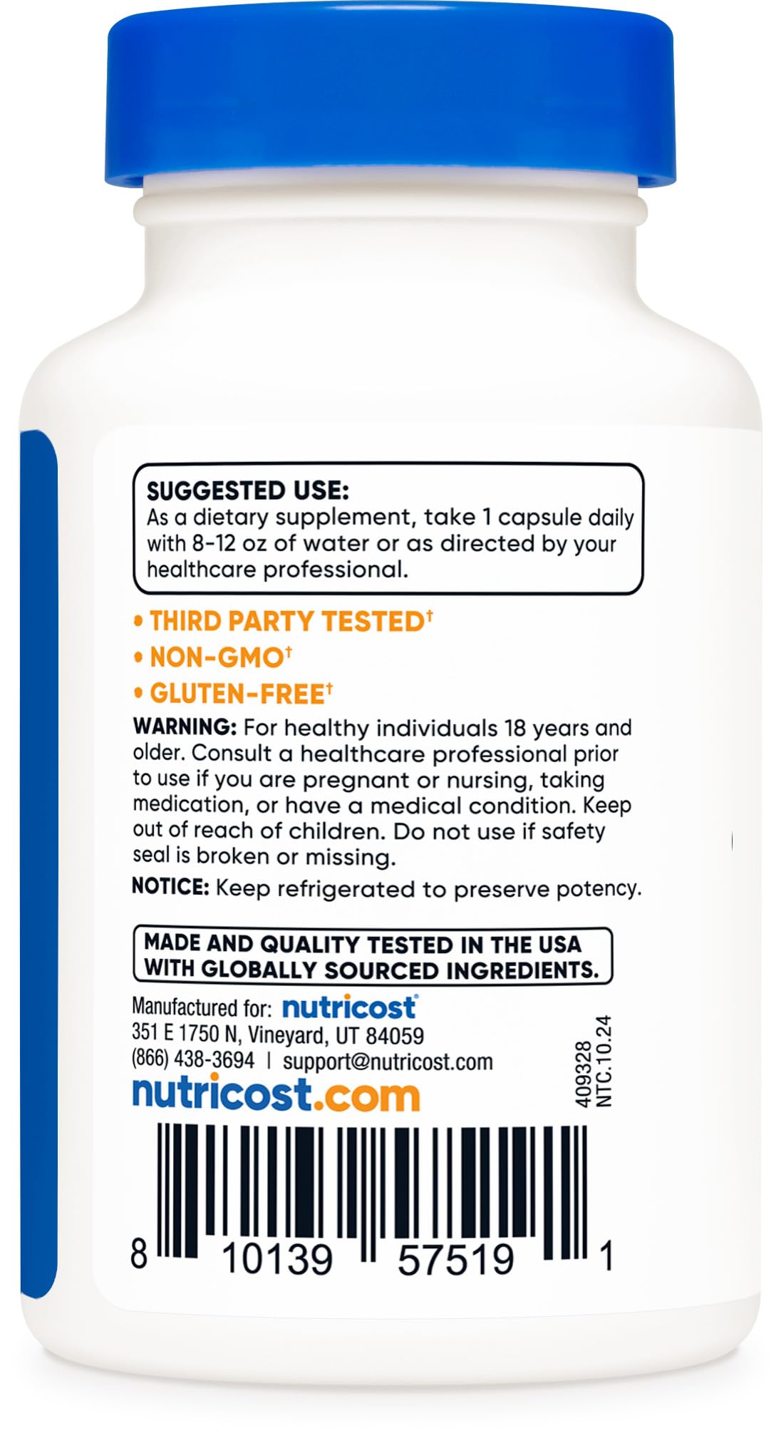 Nutricost Complex Probiotique capsules à côté d'un verre d'eau