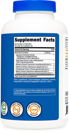 Nutricost complexe de resvératrol 2000mg avec une main tenant la bouteille