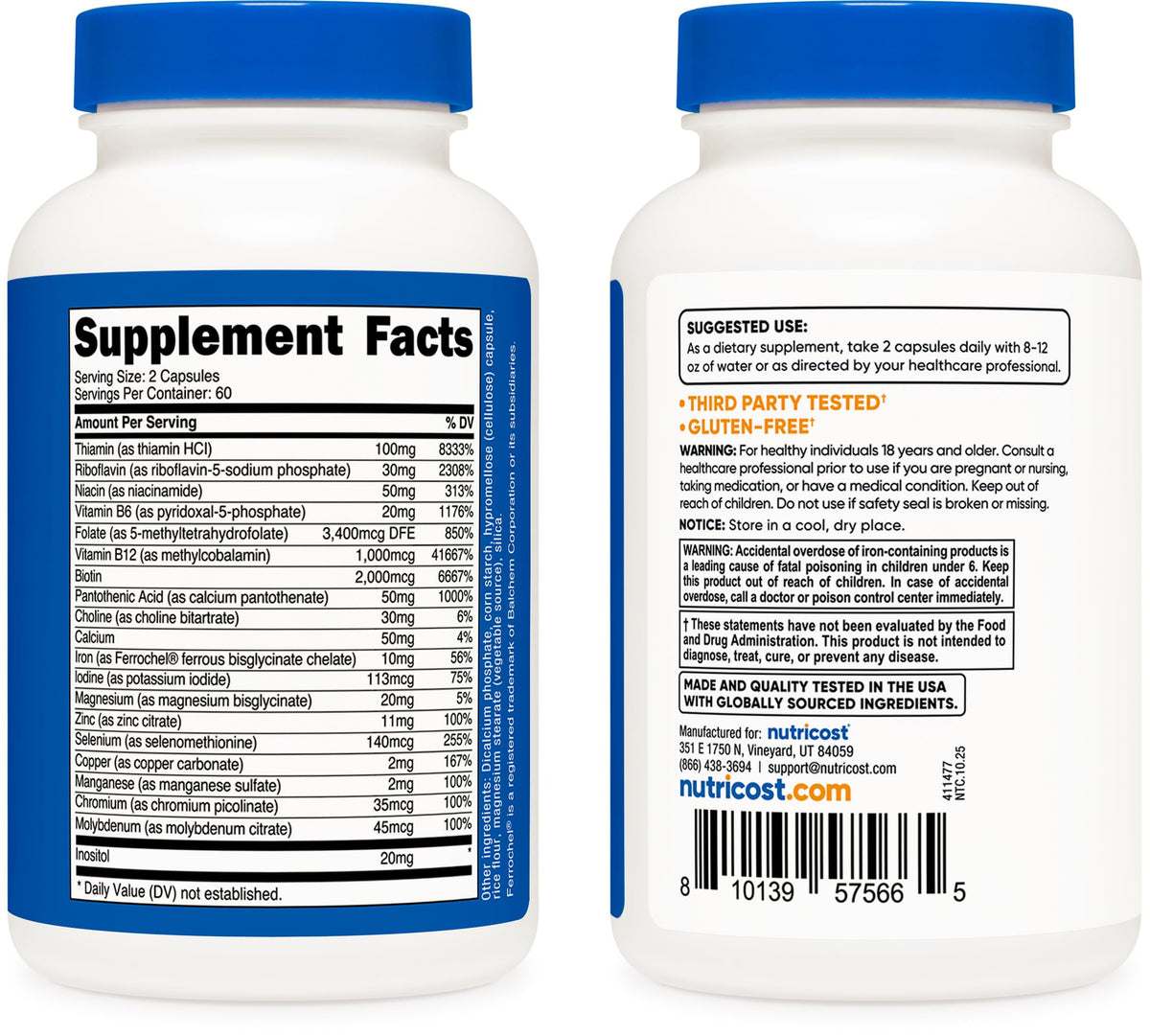 Nutricost Complexe de Vitamines B Methylé, présentation des ingrédients