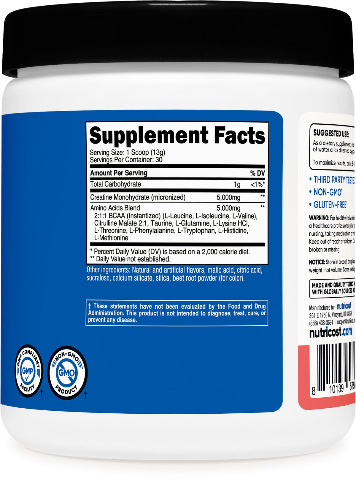 Nutricost Créatine + Aminos Arôme Pastèque ingrédients et valeurs nutritionnelles