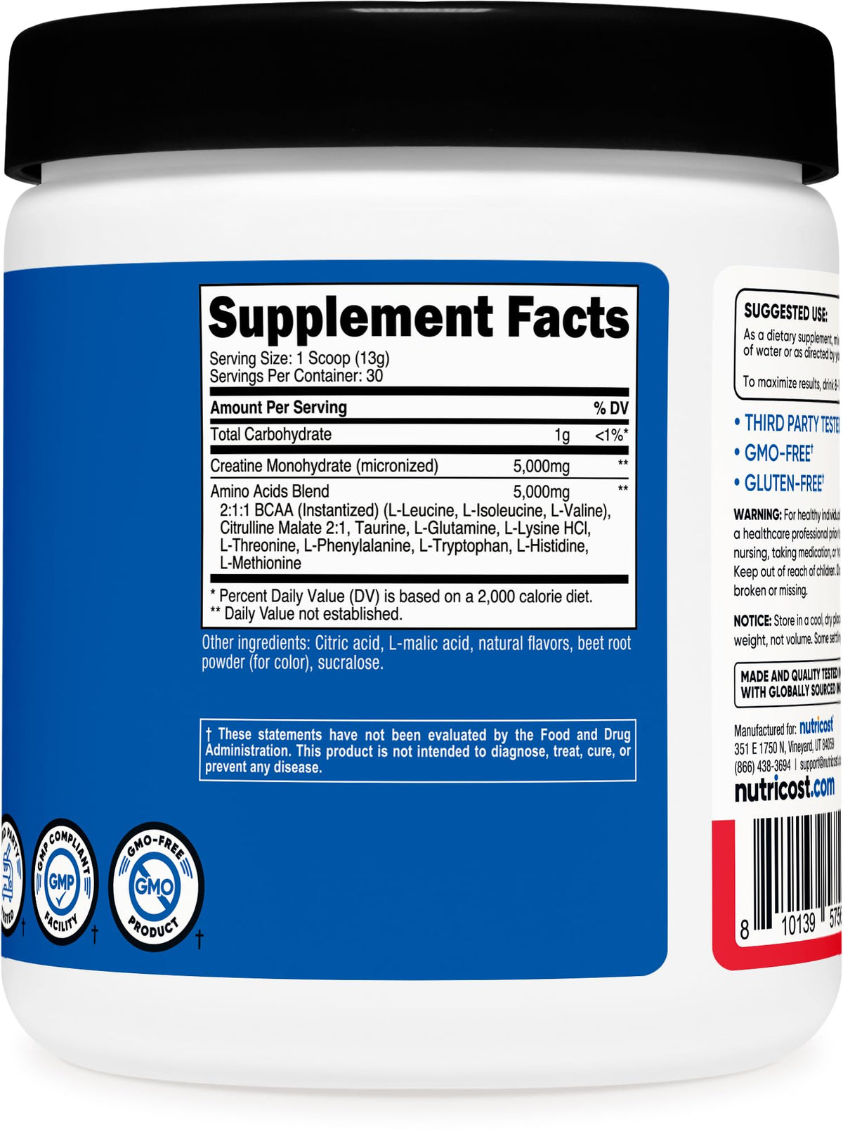 Nutricost Creatine + Aminos BCAA en poudre dans un verre