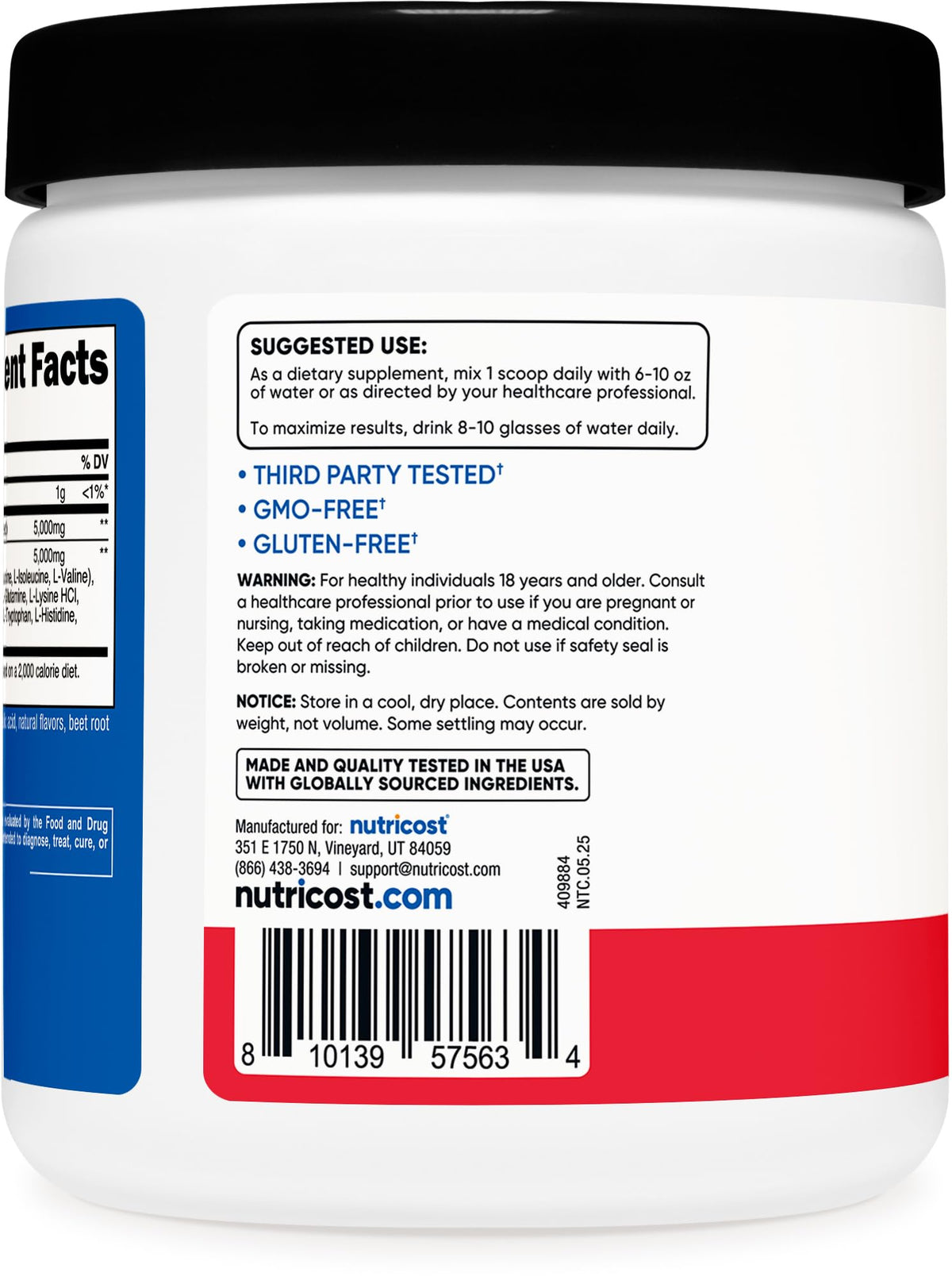 Nutricost Creatine + Aminos BCAA ingrédients sur l'étiquette