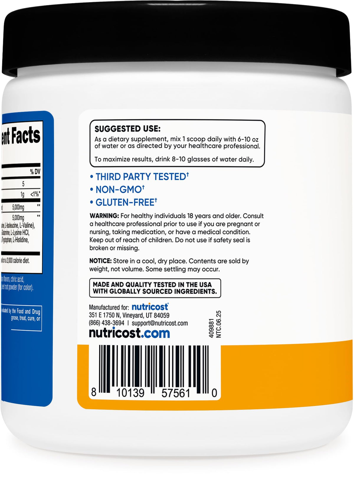 Nutricost Créatine + Aminos Pêche Mangue étiquette avec ingrédients