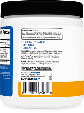 Nutricost Créatine + Aminos Pêche Mangue étiquette avec ingrédients