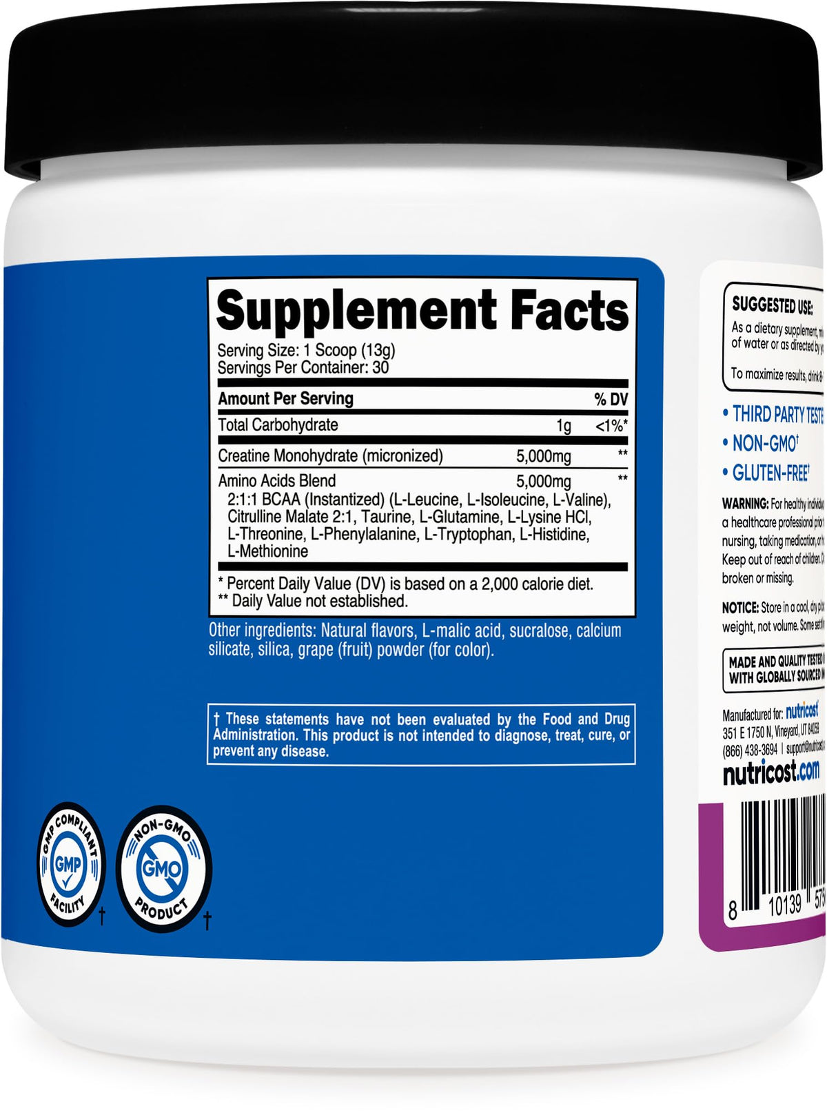 Nutricost Creatine + Aminos Poudre Raisin 30 Portions dans un shaker