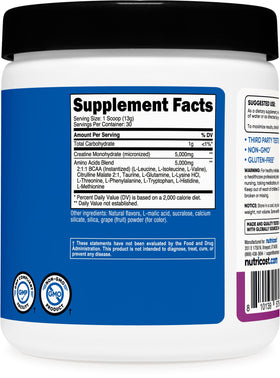 Nutricost Creatine + Aminos Poudre Raisin 30 Portions dans un shaker