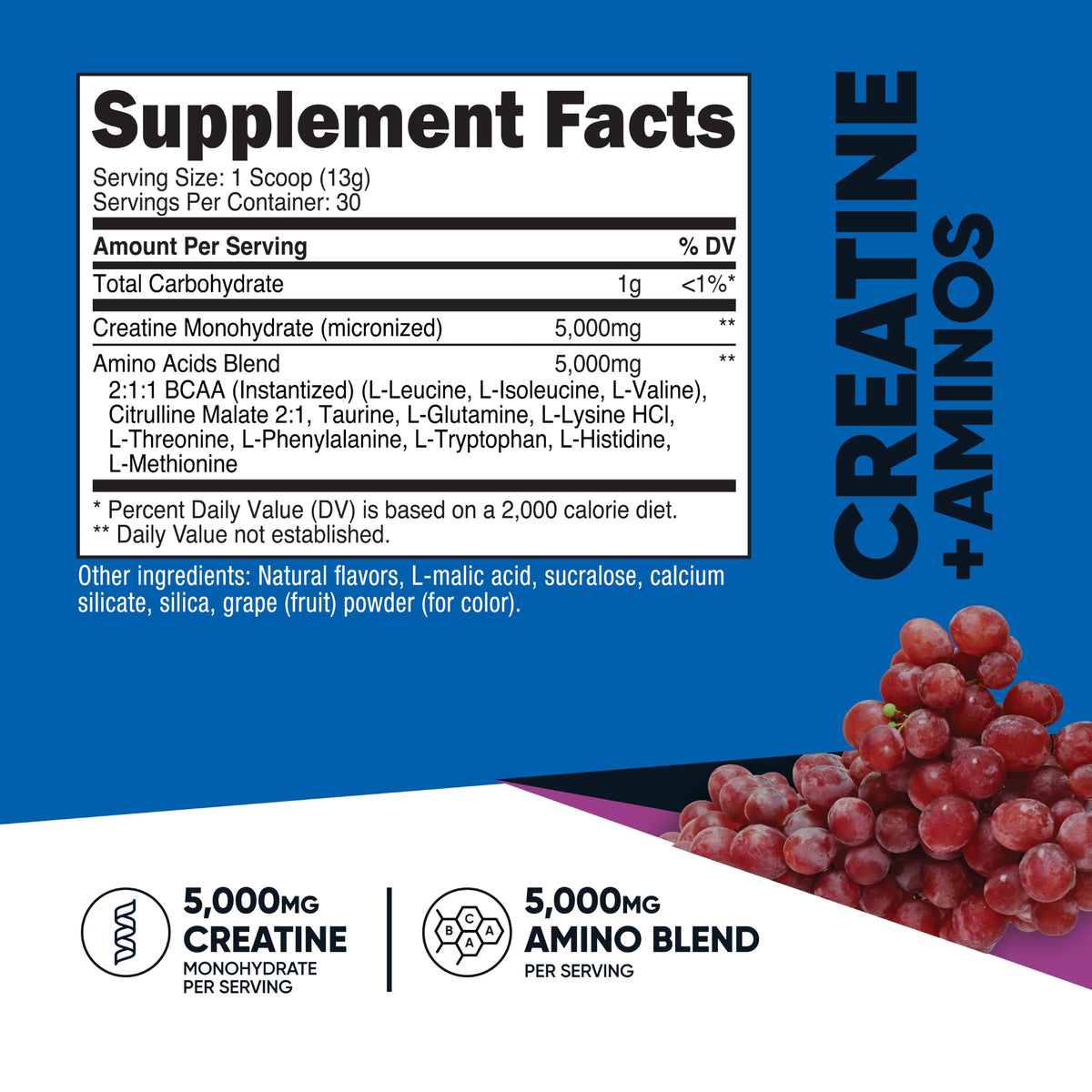 Nutricost Creatine + Aminos Poudre Raisin 30 Portions vue latérale