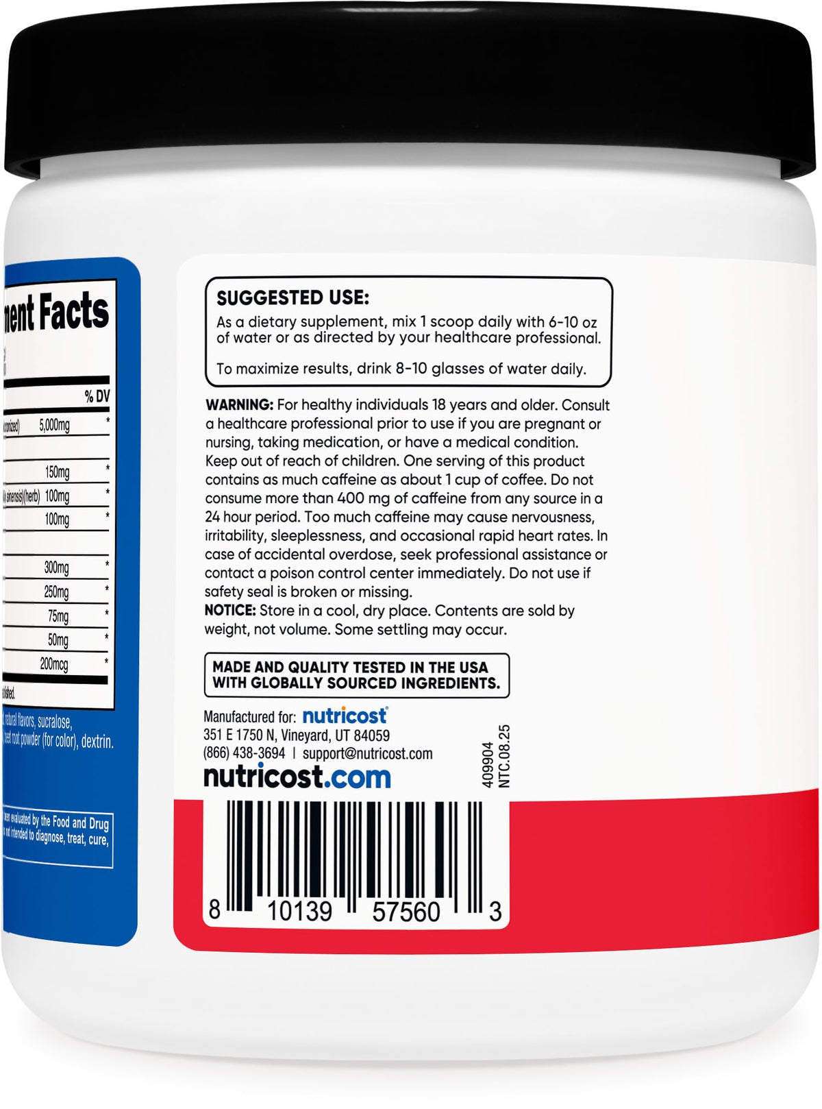 Nutricost Créatine + Énergie, poudre à l'intérieur du contenant