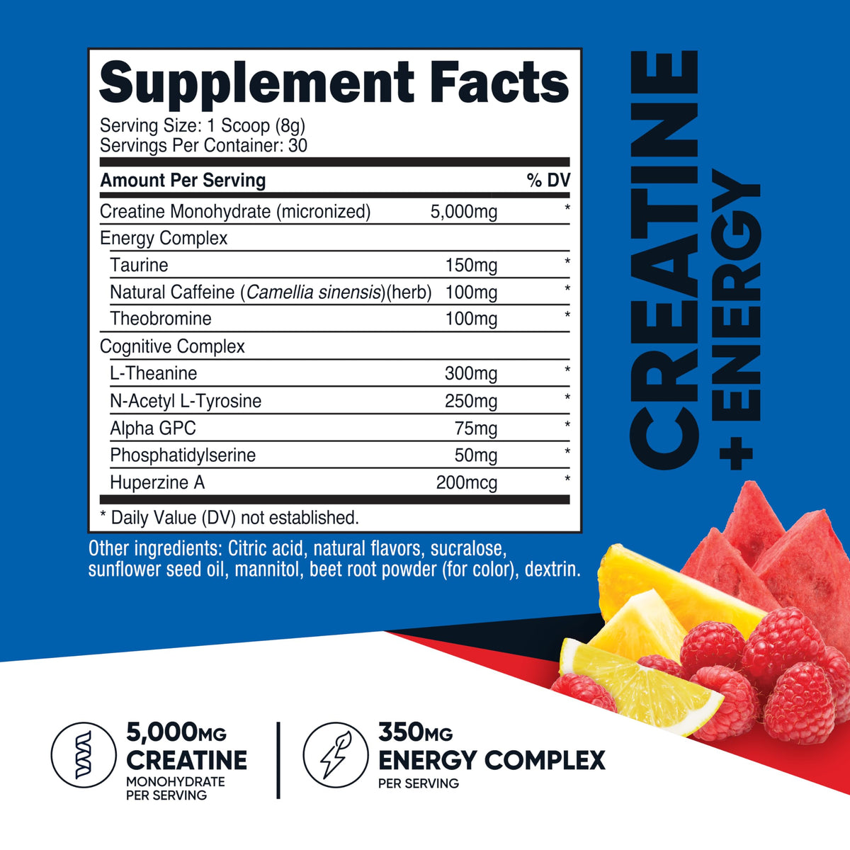Nutricost Créatine + Énergie, vue latérale du contenant