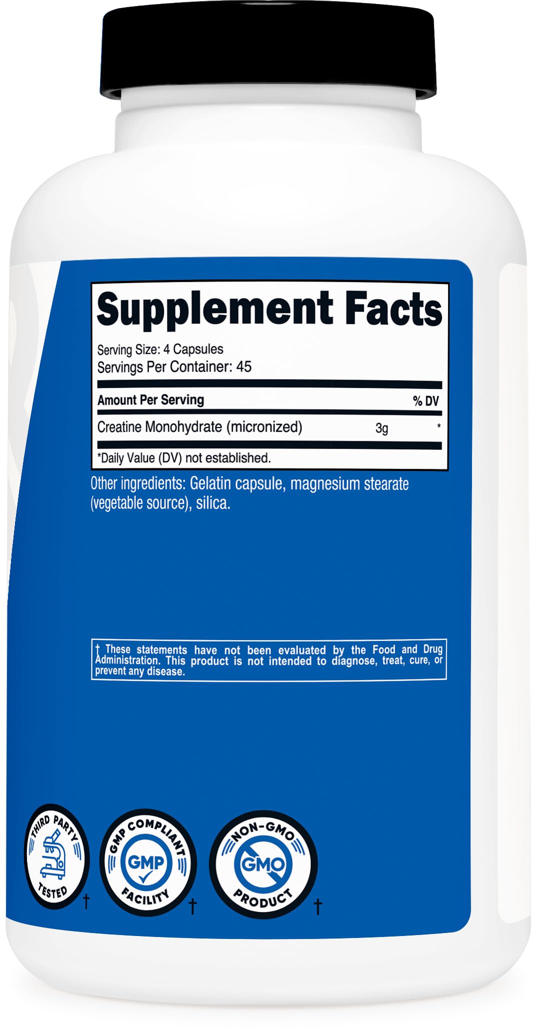 Nutricost Créatine Monohydrate 180 capsules à côté d'un verre d'eau