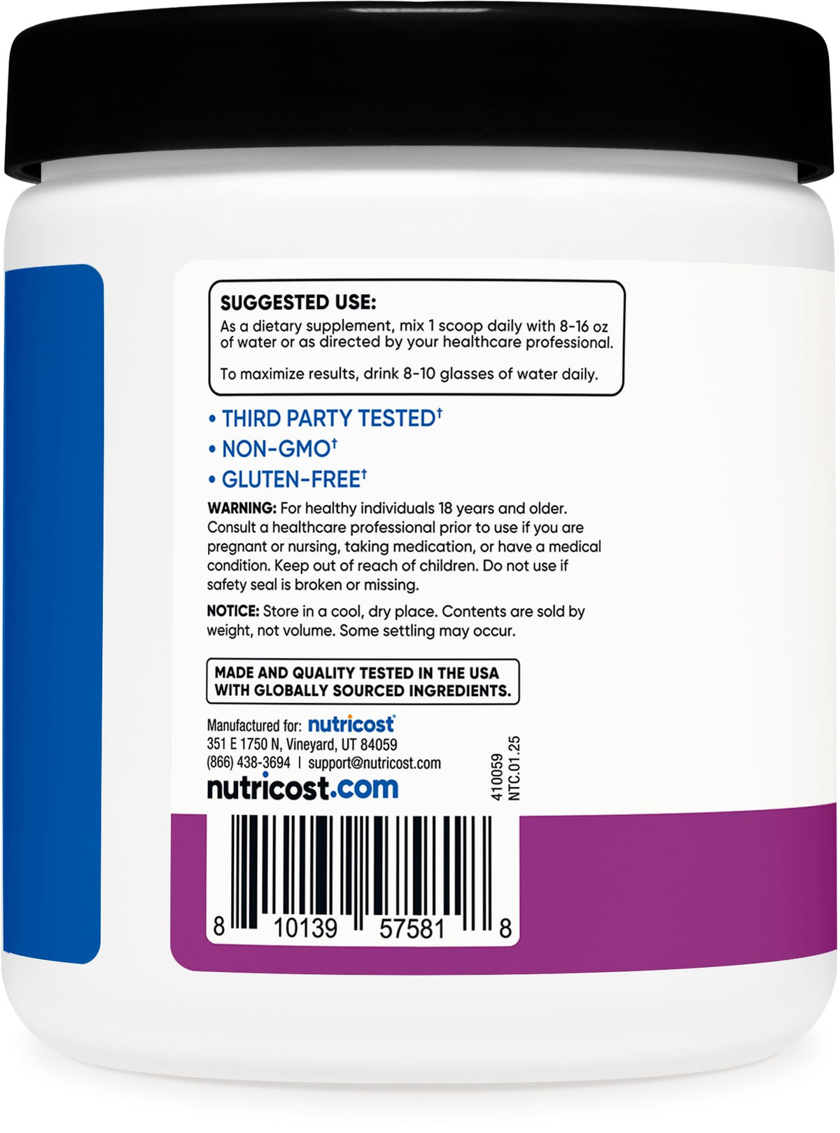 Nutricost Créatine Monohydrate 5000mg en poudre dans un verre d'eau