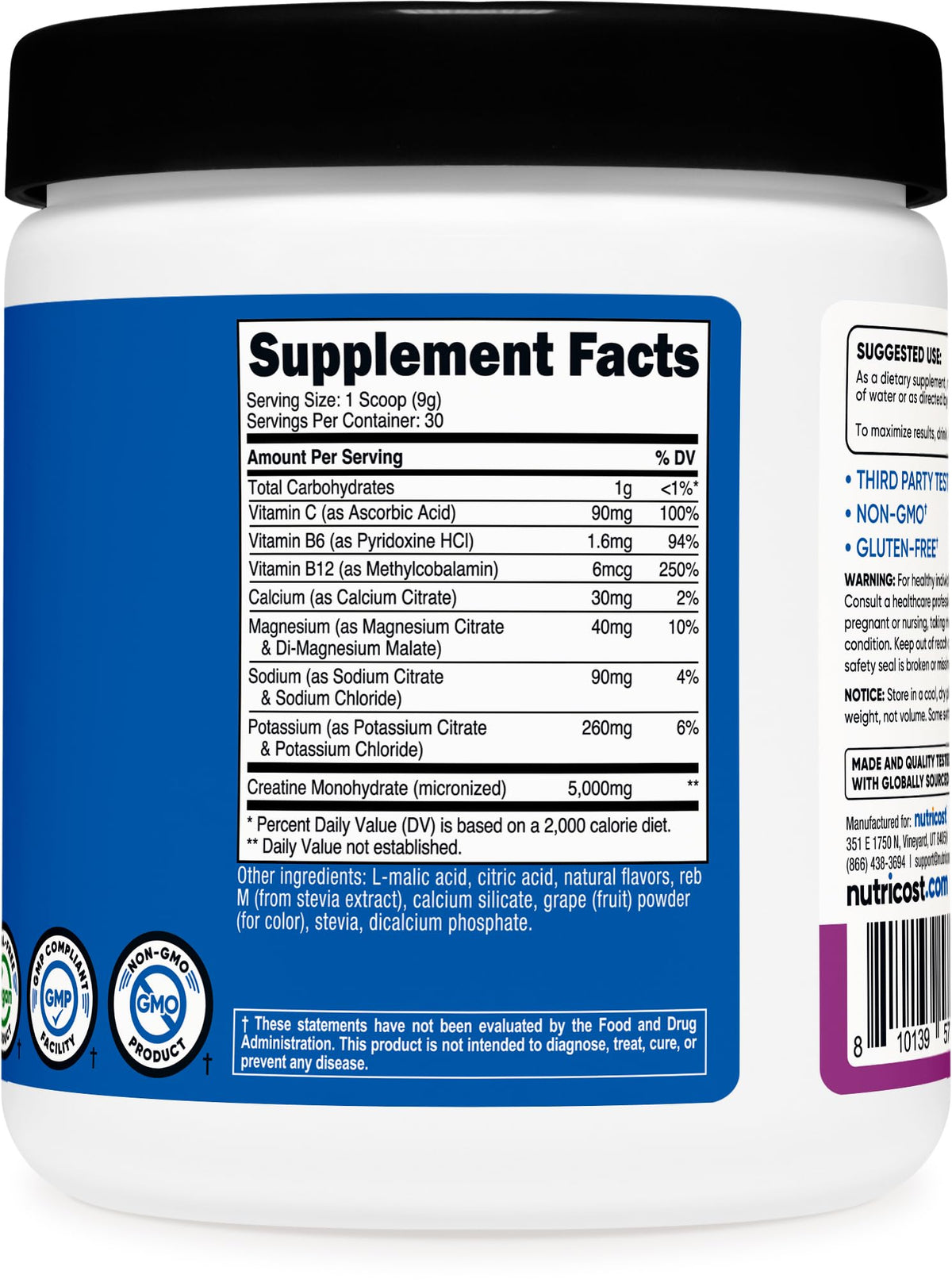Nutricost Créatine Monohydrate 5000mg saveur raisin en gros plan