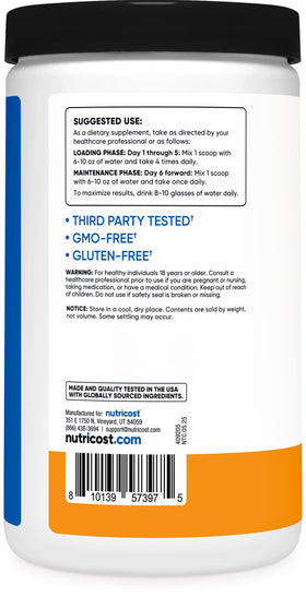 Nutricost Créatine Monohydrate 500g, dosage de 5g en cuillère.