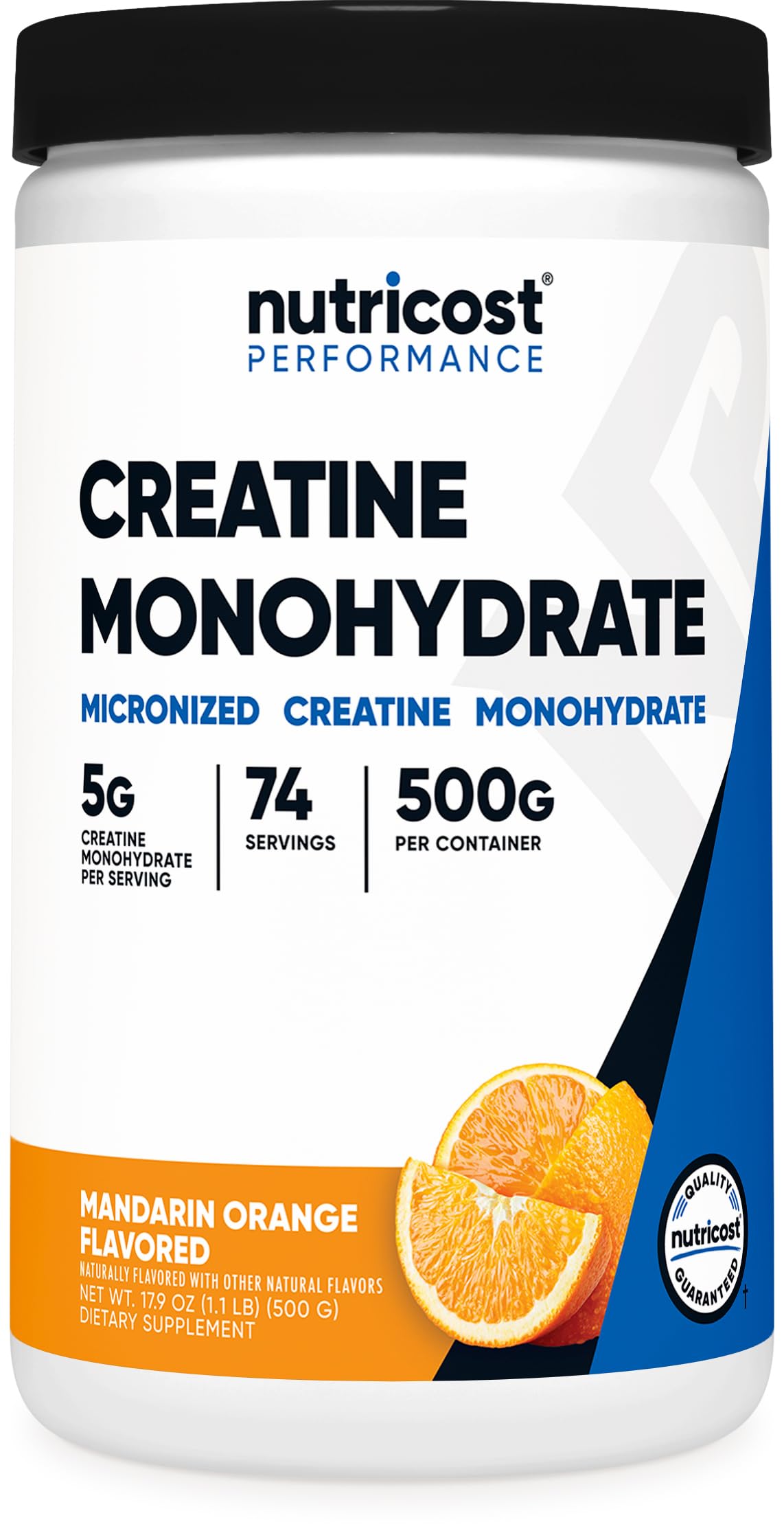 Nutricost Créatine Monohydrate 500g en saveur orange mandarine, vue avant.