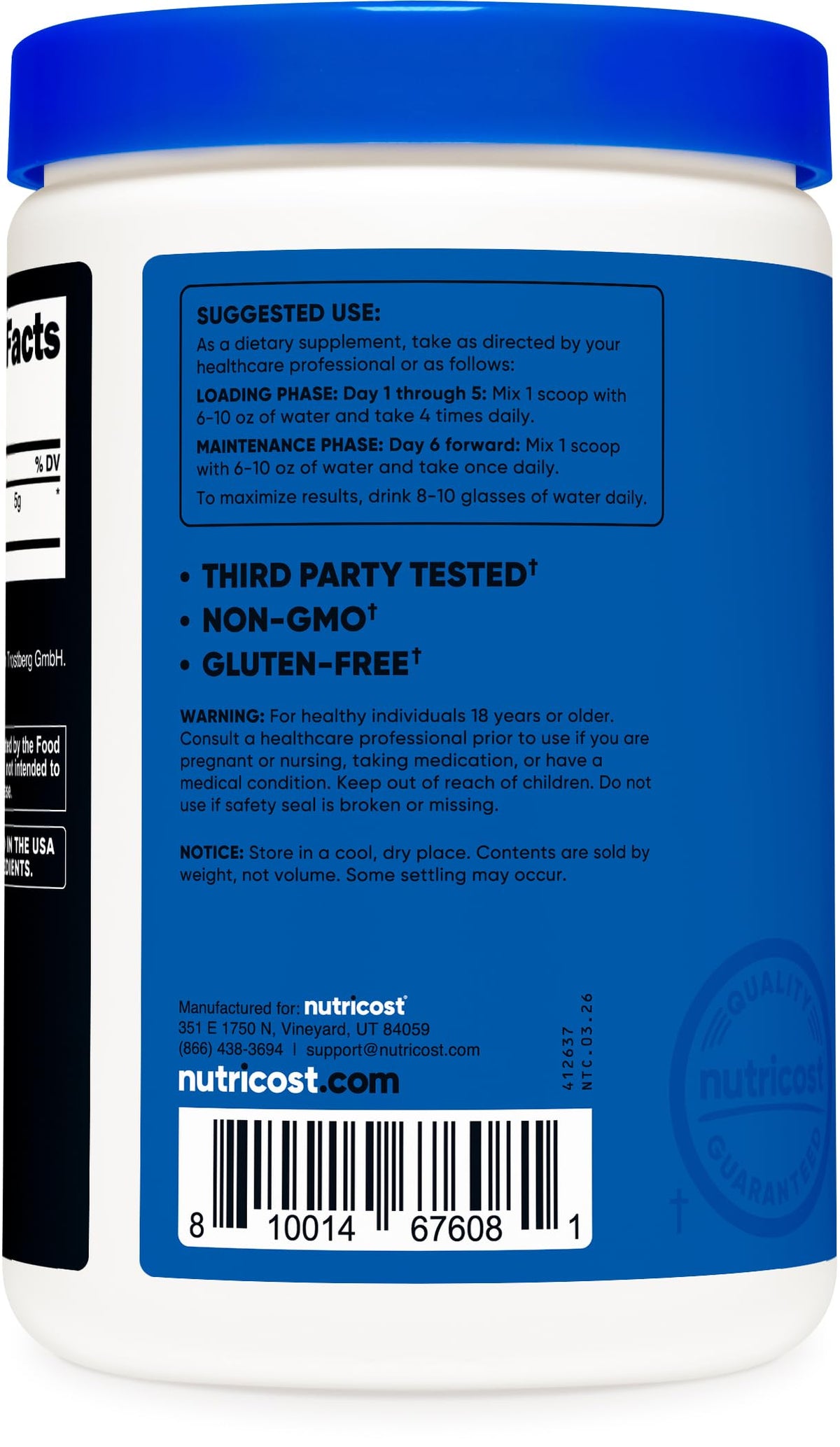 Nutricost Créatine Monohydrate Creapure® 500g affichage de la composition