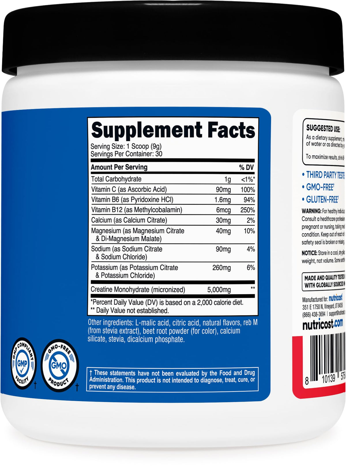 Nutricost créatine monohydrate emballage et cuillère doseuse