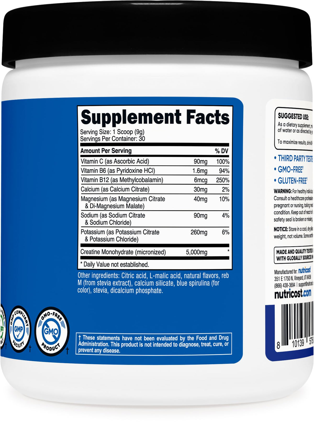 Nutricost Créatine Monohydrate pot ouvert avec cuillère