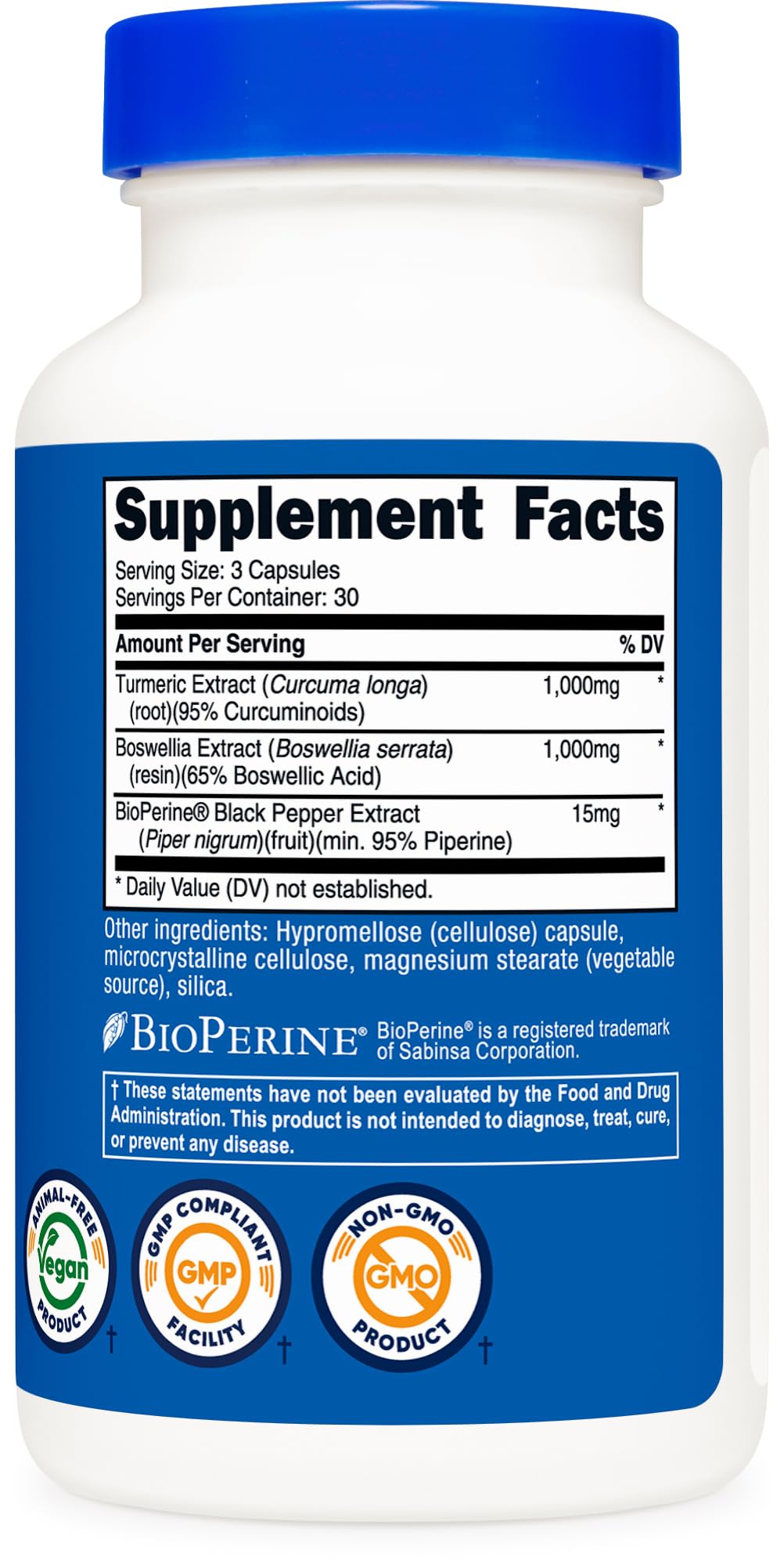 Nutricost Curcuma + Boswellia, capsules sur un fond blanc