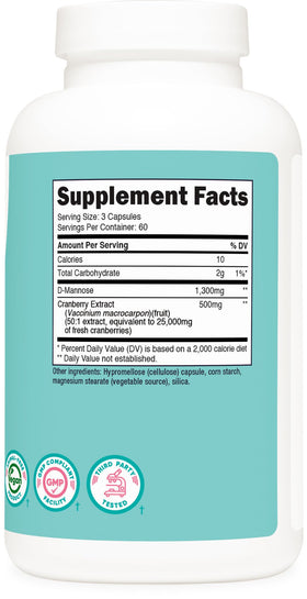 Nutricost D-Mannose 180 capsules avec extrait de canneberge en arrière-plan