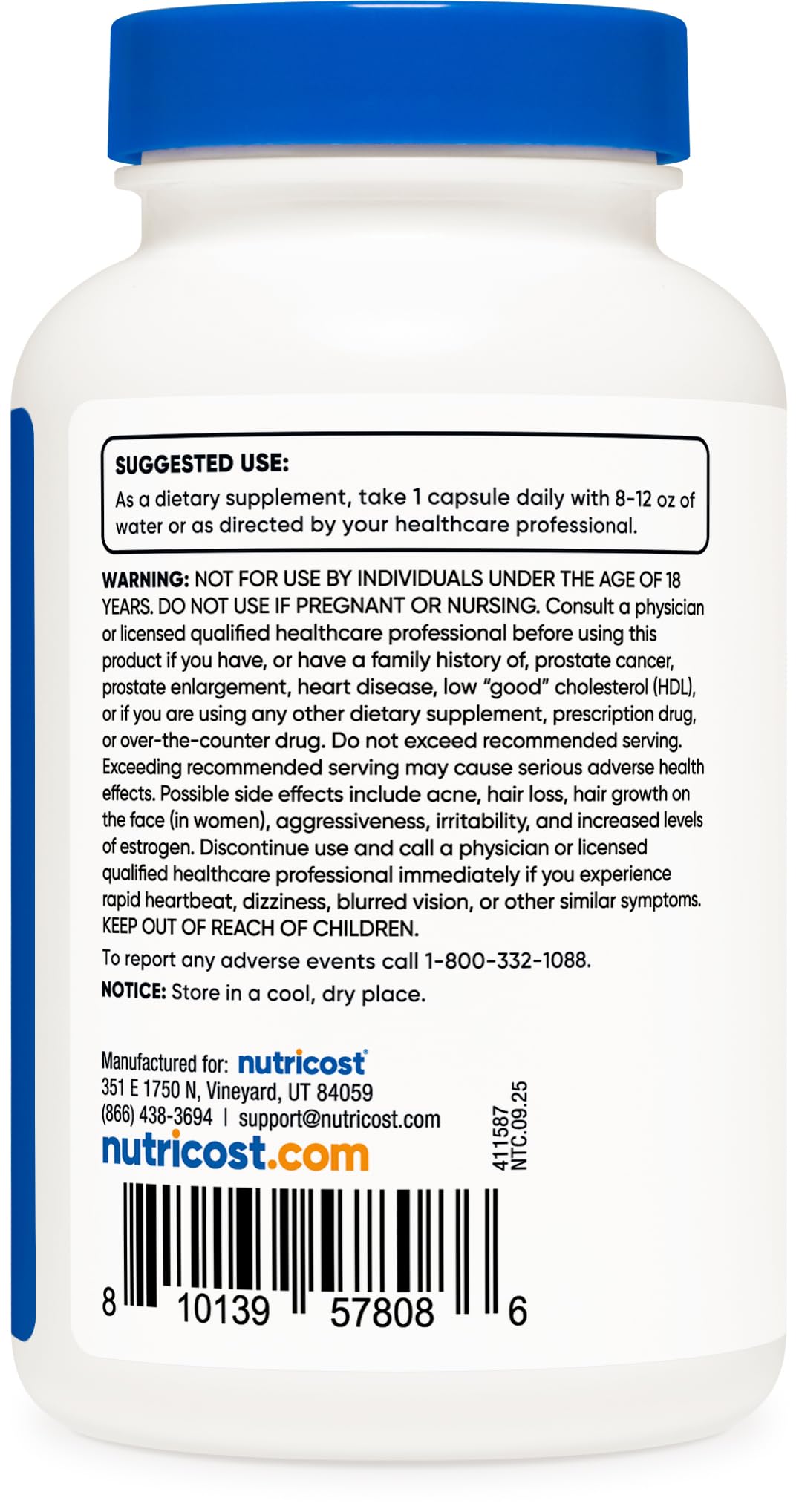 Nutricost DHEA 10mg avec étiquette détaillant les ingrédients