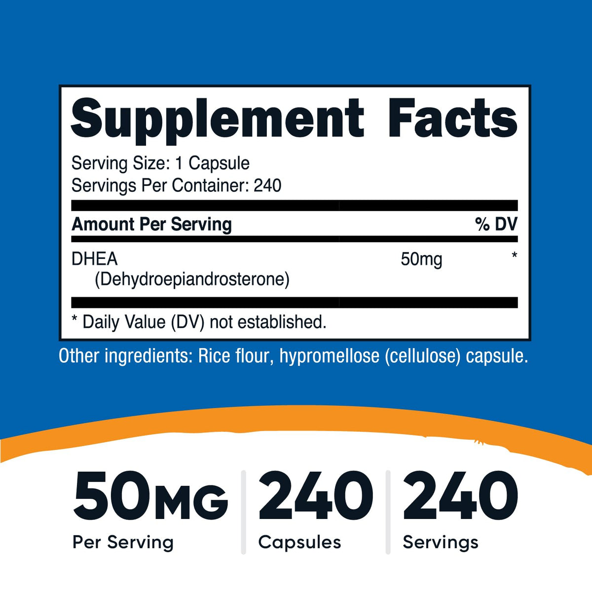 Nutricost DHEA 50mg 240 capsules étiquette avec spécifications