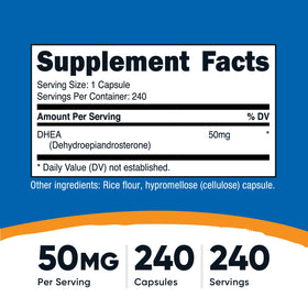 Nutricost DHEA 50mg 240 capsules étiquette avec spécifications