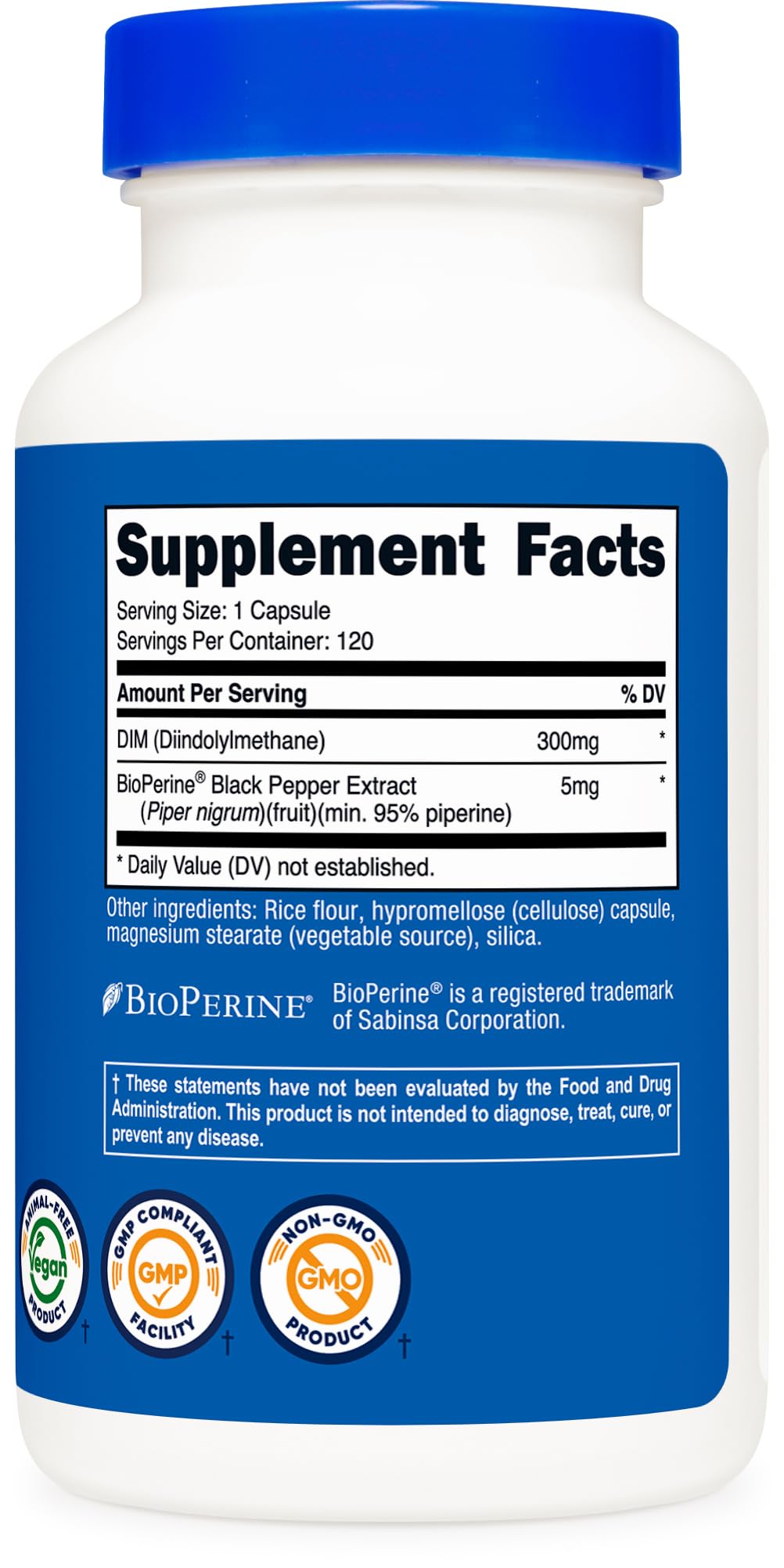 Nutricost DIM Plus BioPerine 300mg vu de côté avec capsule