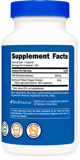 Nutricost DIM Plus BioPerine 300mg vu de côté avec capsule