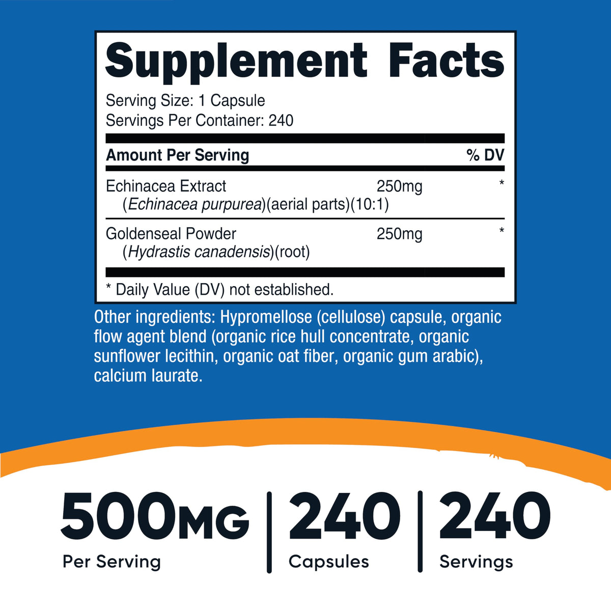 Nutricost Échinacée et Racine de Goldenseal 240 capsules végétariennes sur un fond blanc