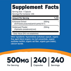 Nutricost Échinacée et Racine de Goldenseal 240 capsules végétariennes sur un fond blanc