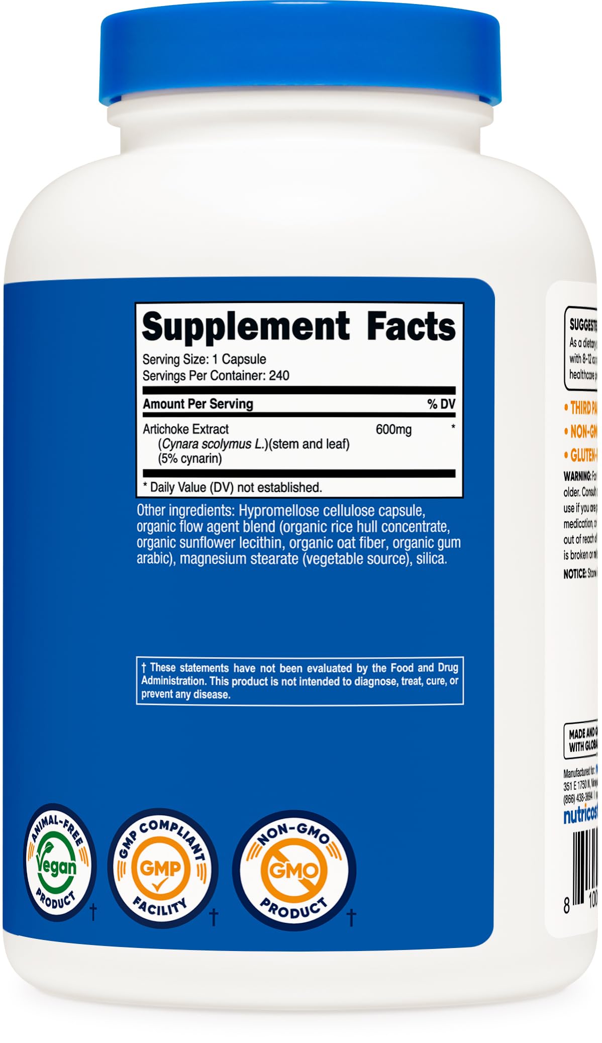 Nutricost Extrait d'Artichaut 600mg bouteille ouverte avec gélules