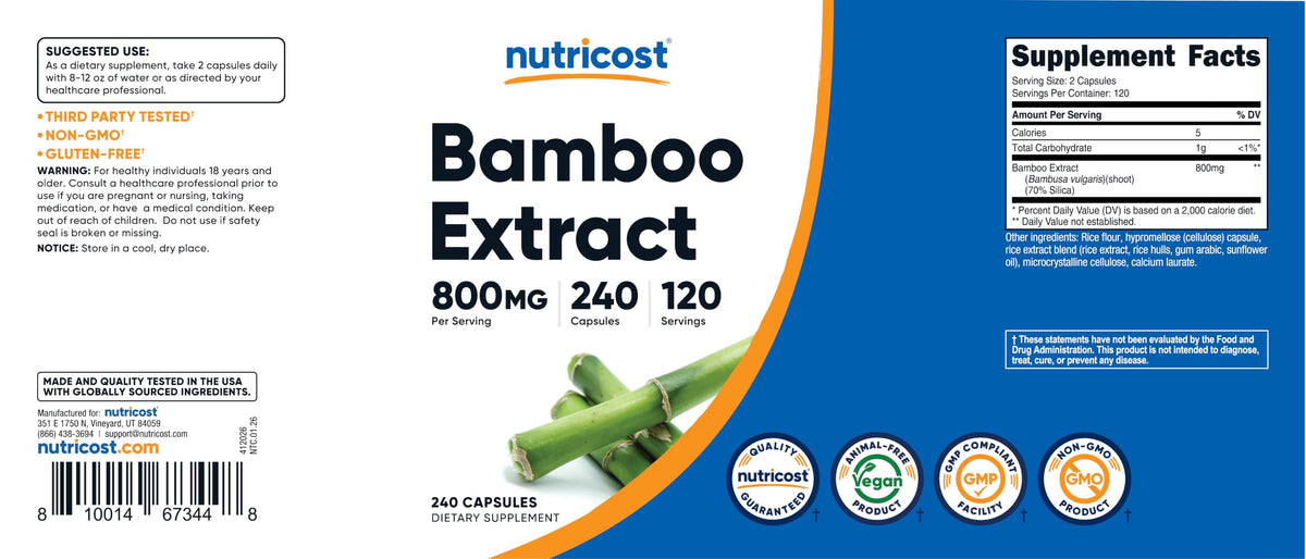 Nutricost Extrait de Bambou 400mg, flacon ouvert avec capsules