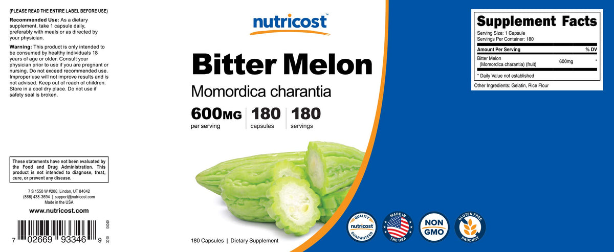 Nutricost Extrait de Melon Amer présenté avec des fruits de melon amer