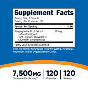 Nutricost Extrait de Racine d'Ortie 375mg capsules à l'intérieur de la bouteille