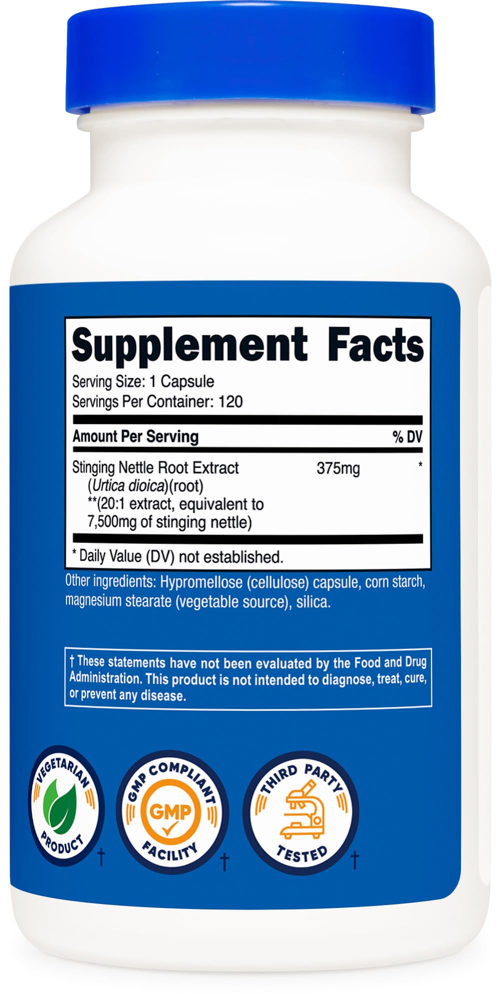 Nutricost Extrait de Racine d'Ortie 375mg capsules sur une surface blanche