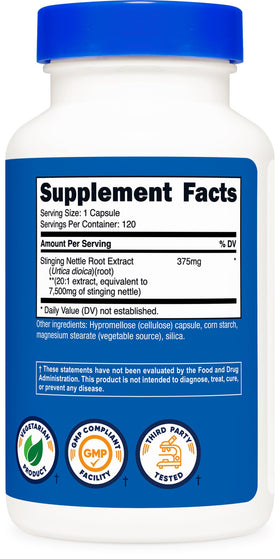 Nutricost Extrait de Racine d'Ortie 375mg capsules sur une surface blanche