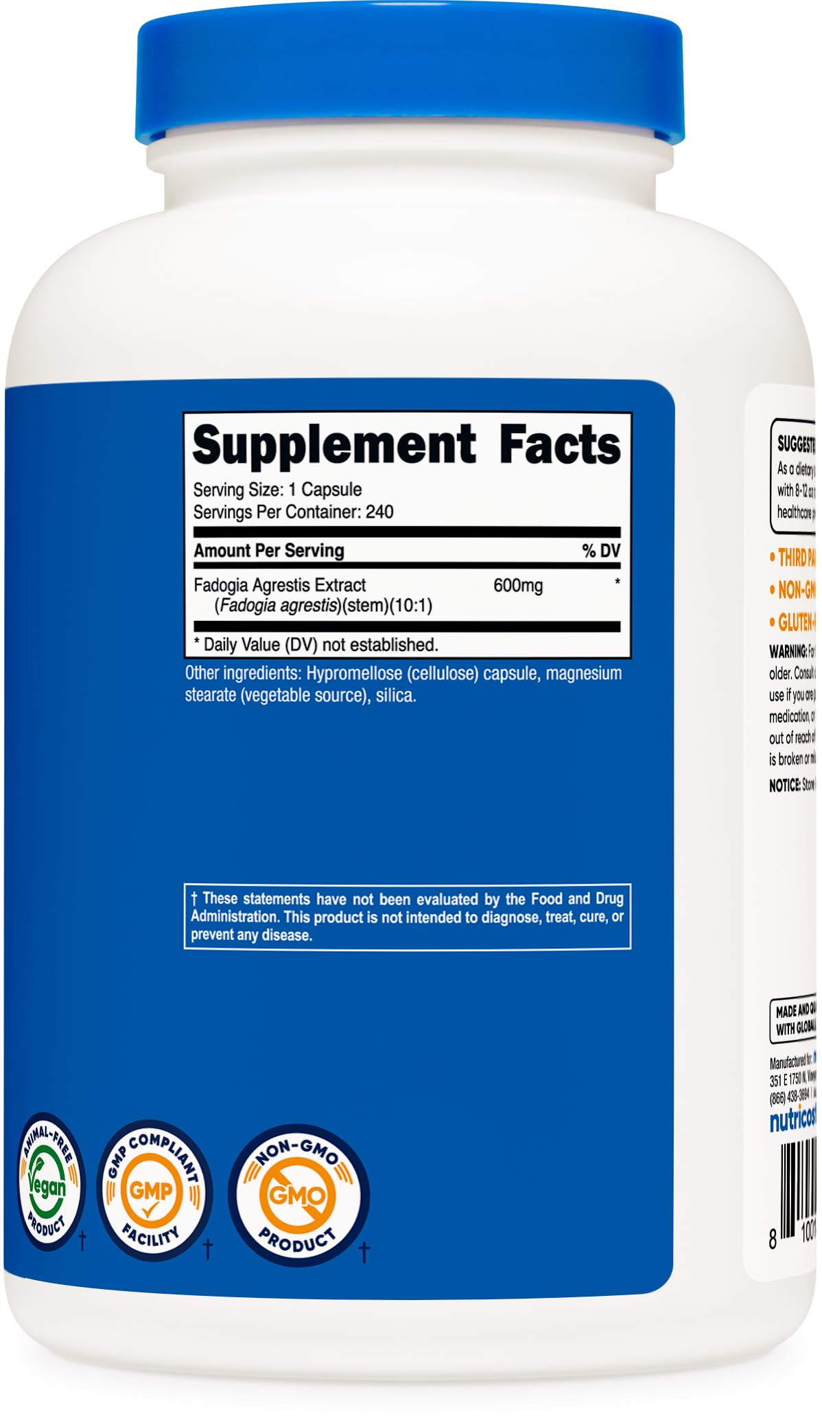 Nutricost Fadogia Agrestis 600mg - vue de côté du flacon