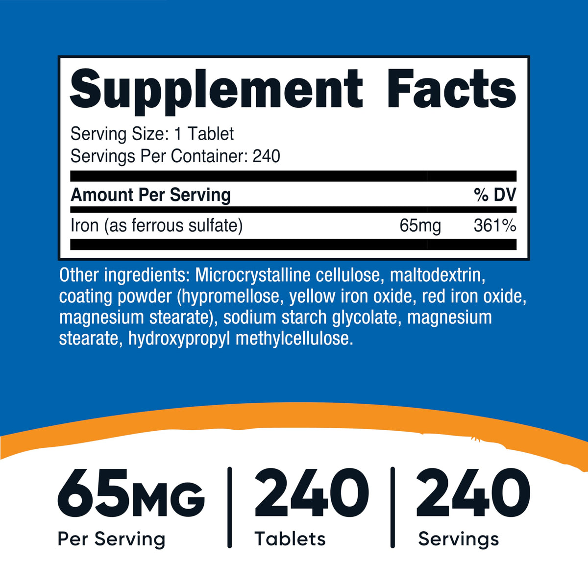 Nutricost Fer 65mg comprimés arrière avec ingrédients