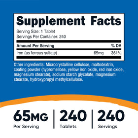 Nutricost Fer 65mg comprimés arrière avec ingrédients