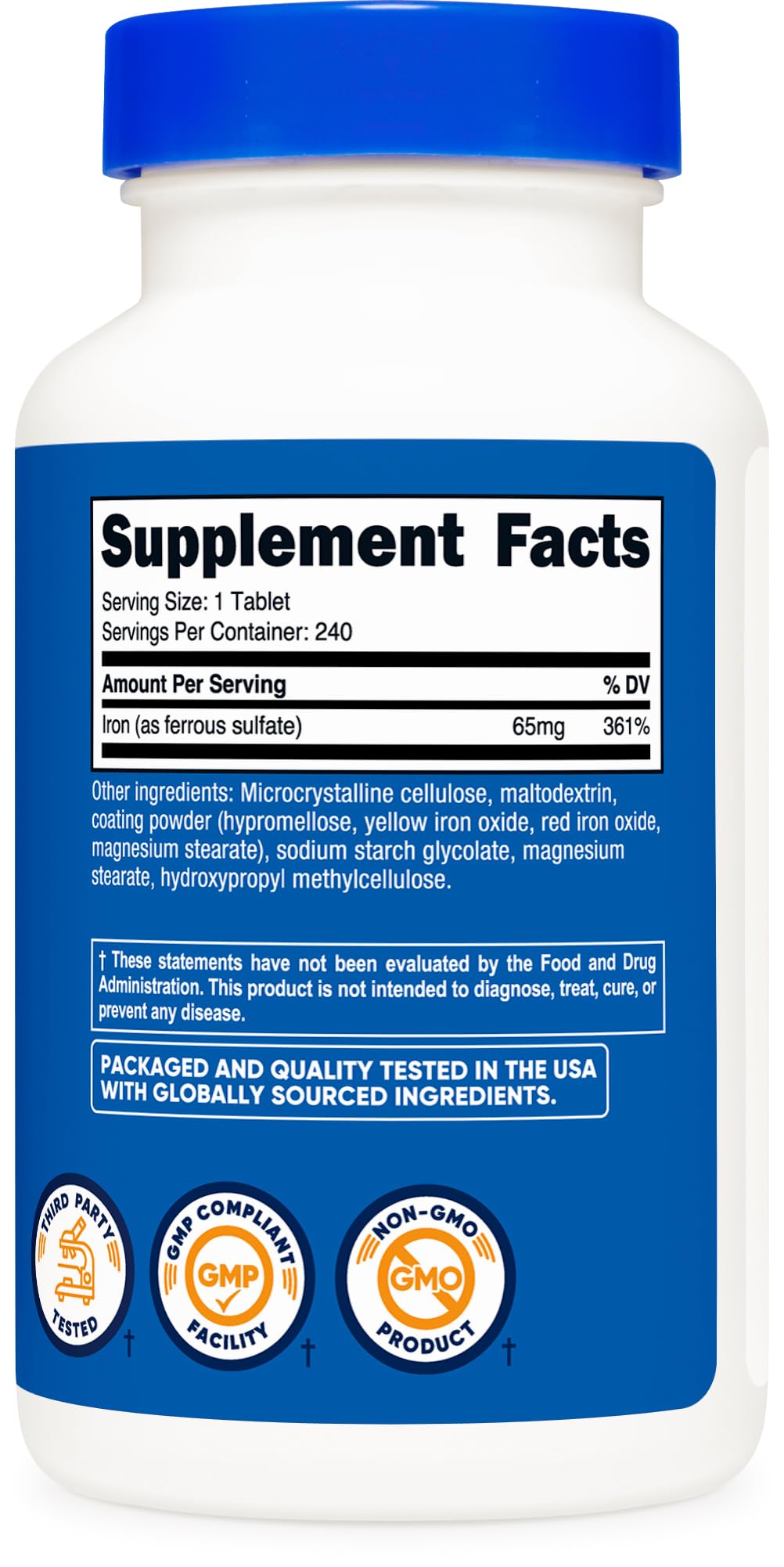 Nutricost Fer 65mg emballage ouvert montrant les comprimés