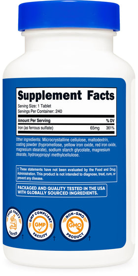 Nutricost Fer 65mg emballage ouvert montrant les comprimés