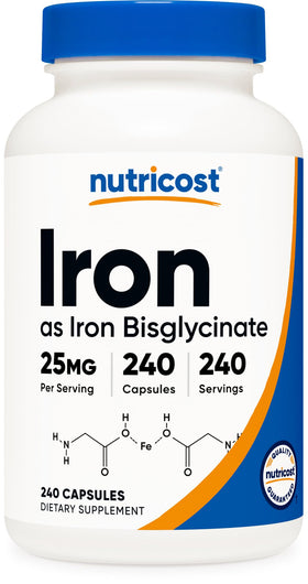 Nutricost Fer Bisglycinate 25mg 240 Capsules vue de face