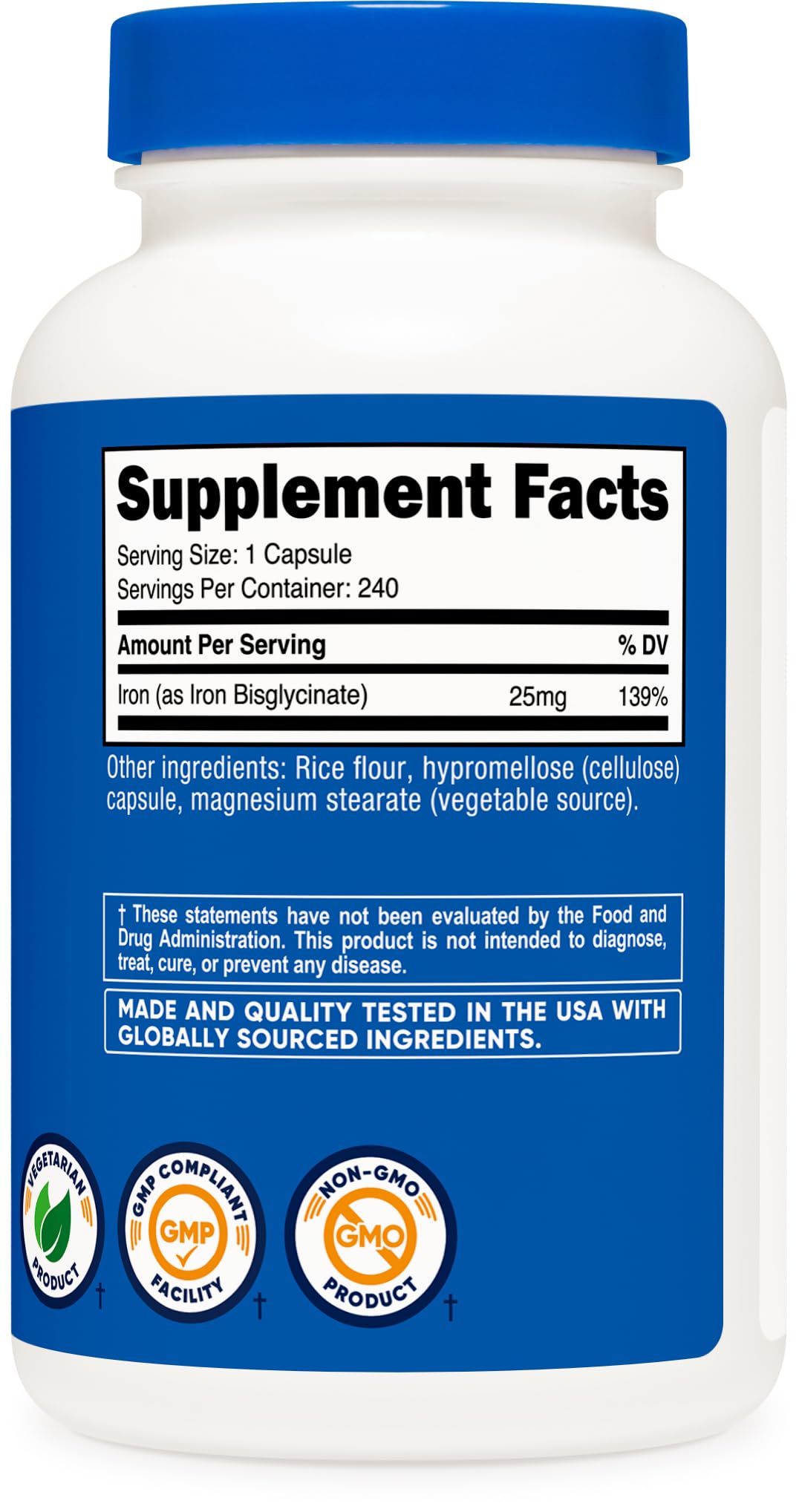 Nutricost Fer Bisglycinate 25mg capsules ouvertes montrant leur taille