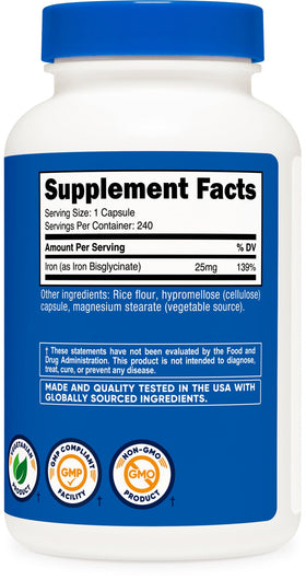 Nutricost Fer Bisglycinate 25mg capsules ouvertes montrant leur taille
