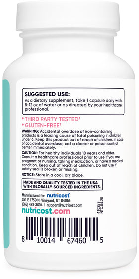 Nutricost Fer pour Femmes 65mg 180 gélules sur une table