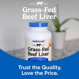 Nutricost Foie de Boeuf Déshydraté 3000mg sur un fond naturel