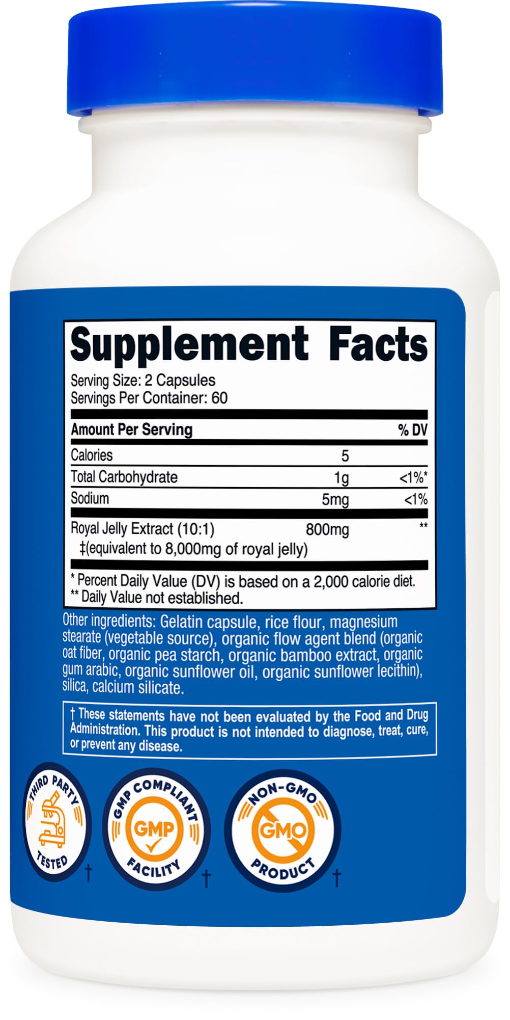 Nutricost Gelée Royale 120 capsules montrant la taille des capsules