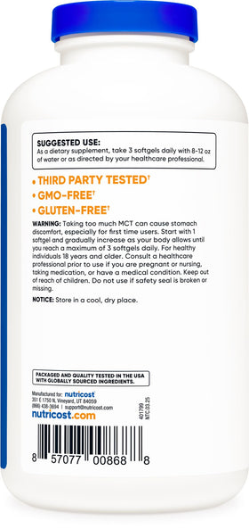 Nutricost Gélules d'Huile MCT 1000mg côté de l'emballage